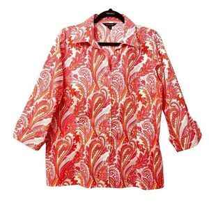 Lands’ End Classic Orange paisley print 3/4 sleeve button front blouse 18